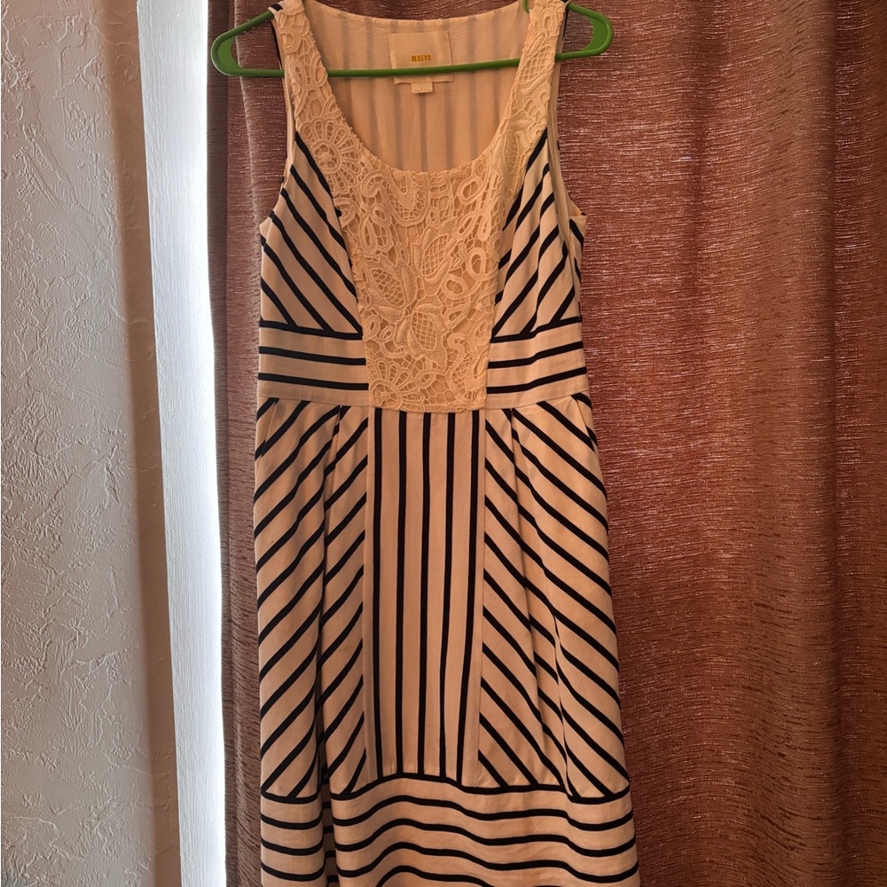 Maeve White with Black Stripes and Cream Lace Detail A-Line Scoop Neck Midi